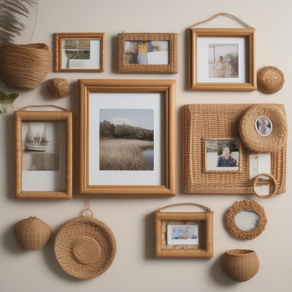 Hanging collage picture frames made from wicker and rattan.