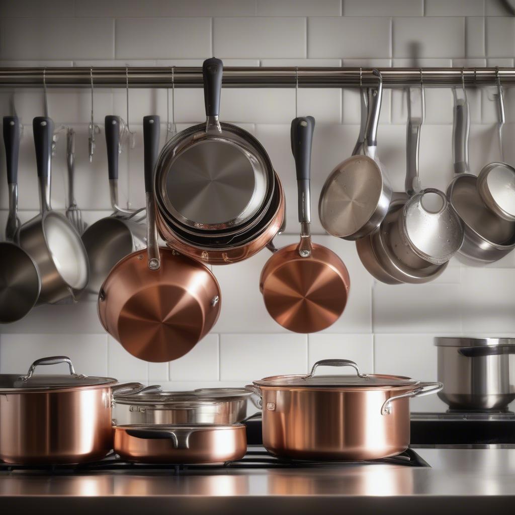 Hanging Cookware: Pots and Pans Displayed on a Pot Rack