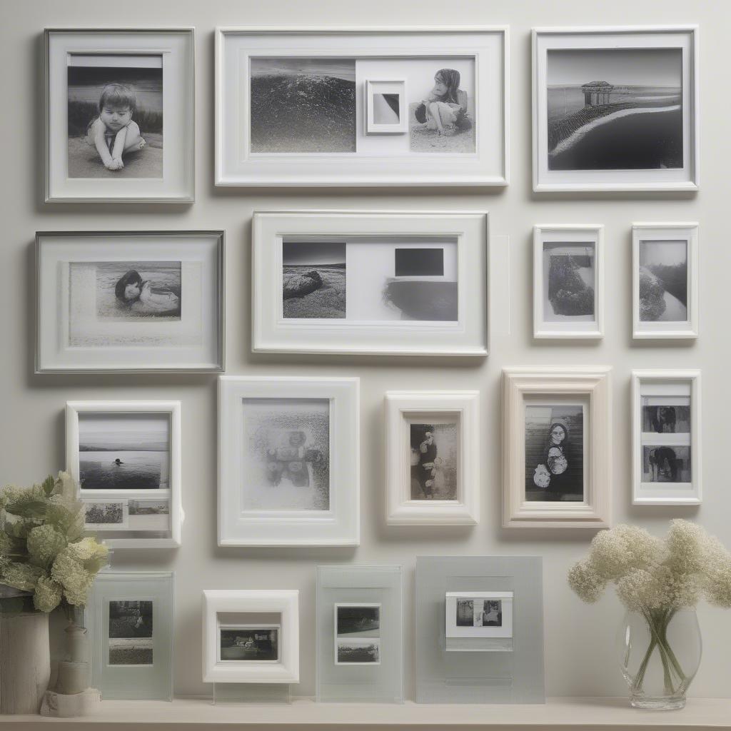 Various styles of hanging glass photo frames, including single, double, and multiple frames, showcasing different sizes and shapes.