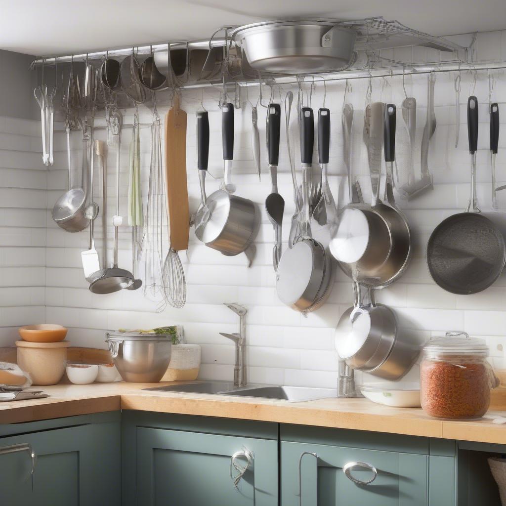 Organized kitchen with various hanging hooks for utensils and cookware.