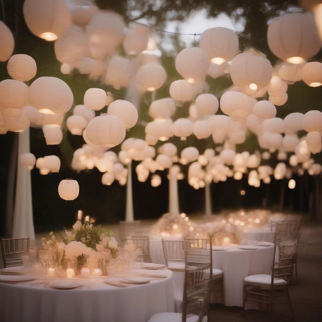 Hanging lanterns illuminating a wedding reception