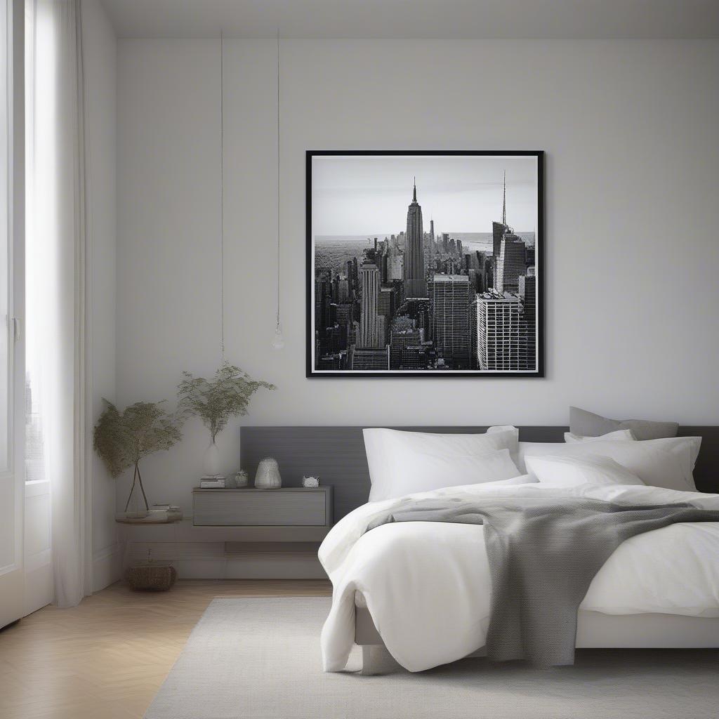 Two people carefully hanging a large canvas print in a bedroom.