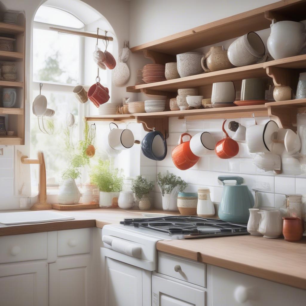 Hanging mugs on various hooks in a kitchen setting