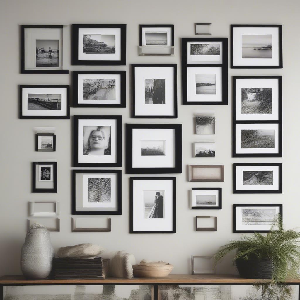 A wall displaying a collection of 8x8 picture frames in a grid arrangement