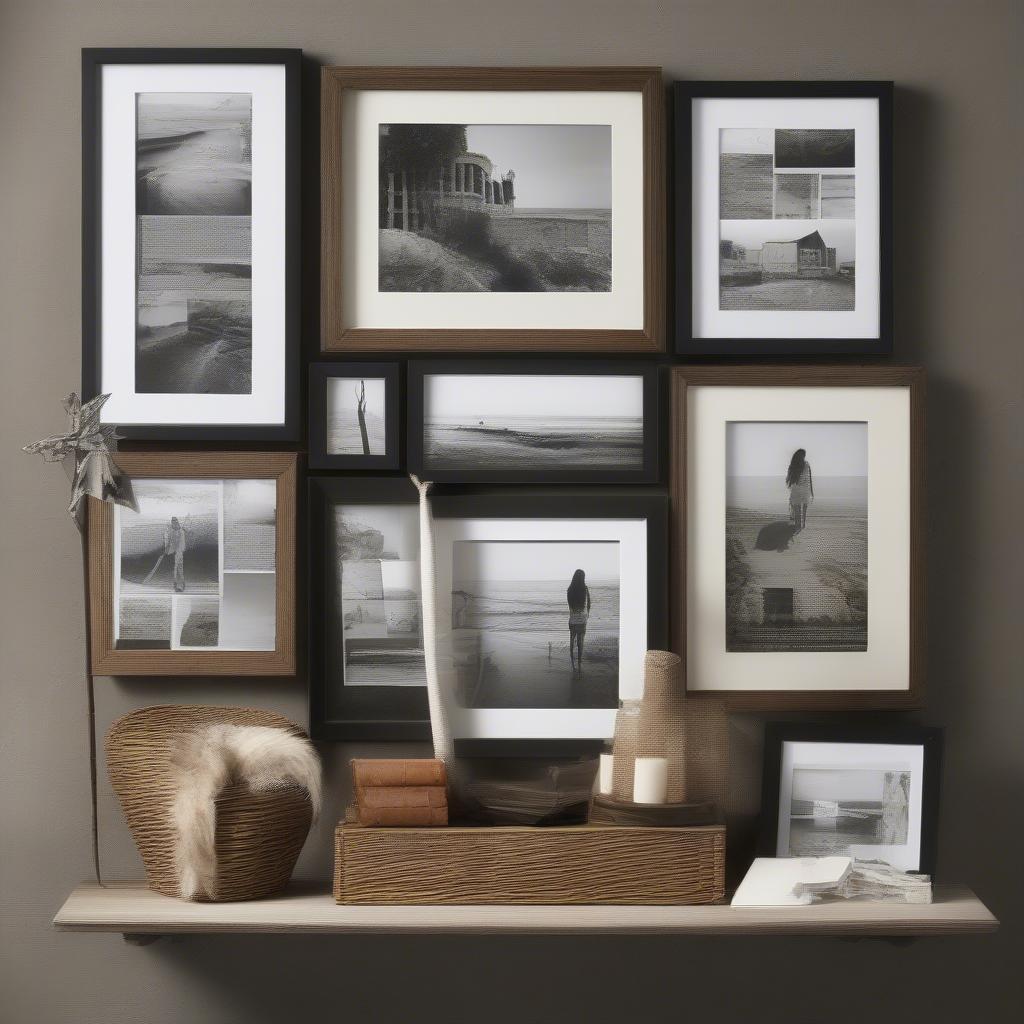 Asymmetrical Hanging Photo Frame Collage with Mixed Materials