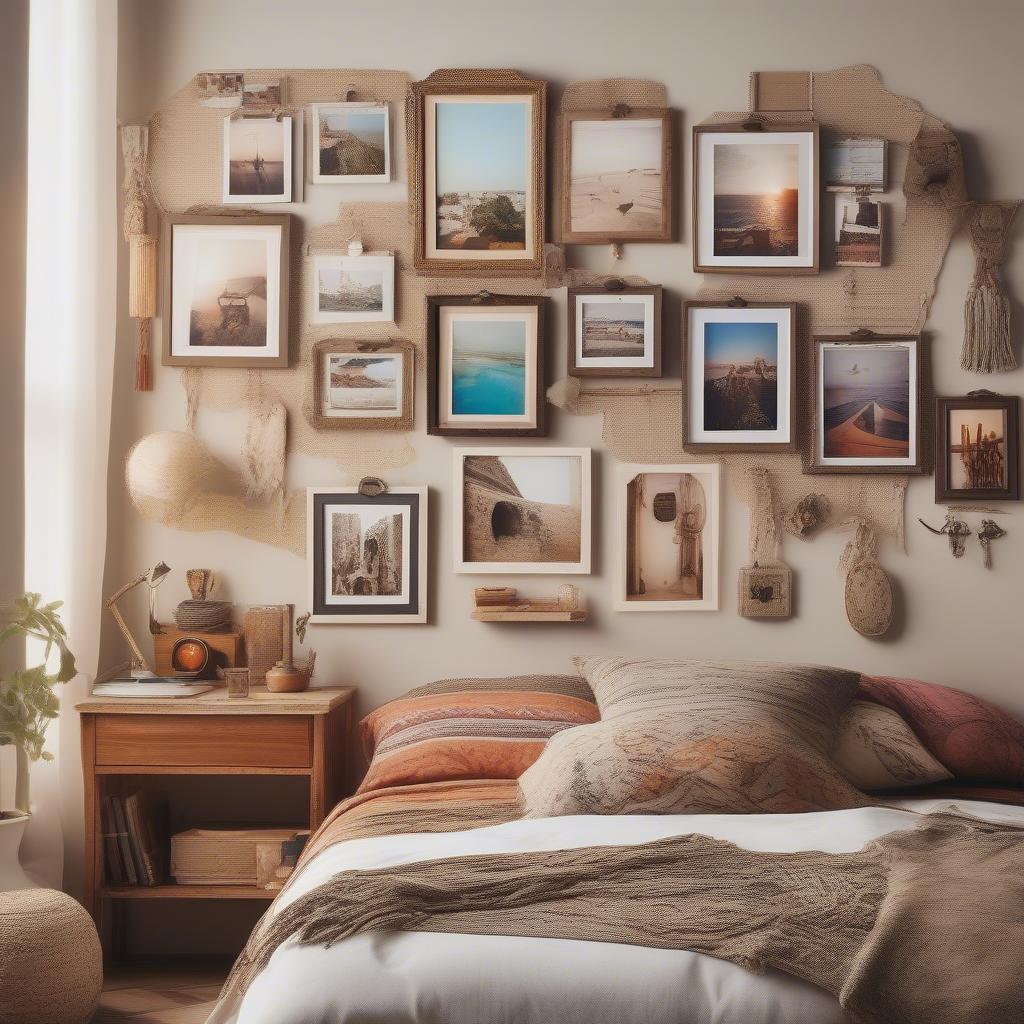 Hanging photo frame collage featuring travel photos in a bedroom.