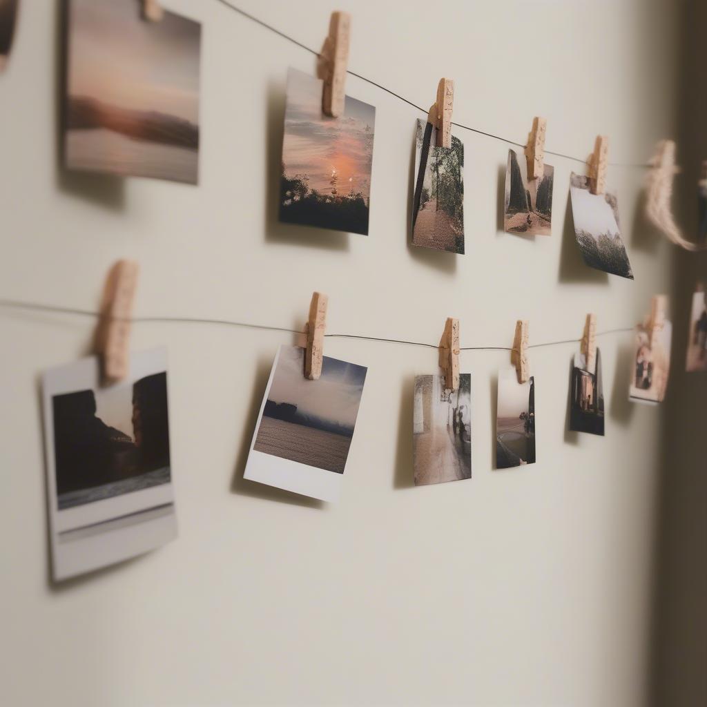 Hanging photos on a string against a bedroom wall