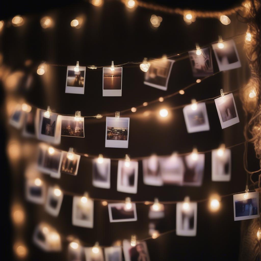 Hanging photos on a string with polaroids and fairy lights