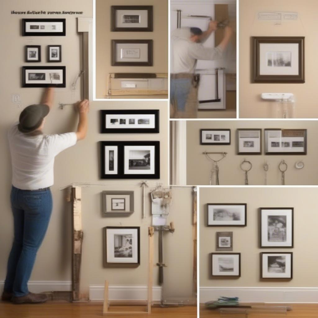 Different methods of hanging pic frames photo using various hooks and hardware on different wall types.