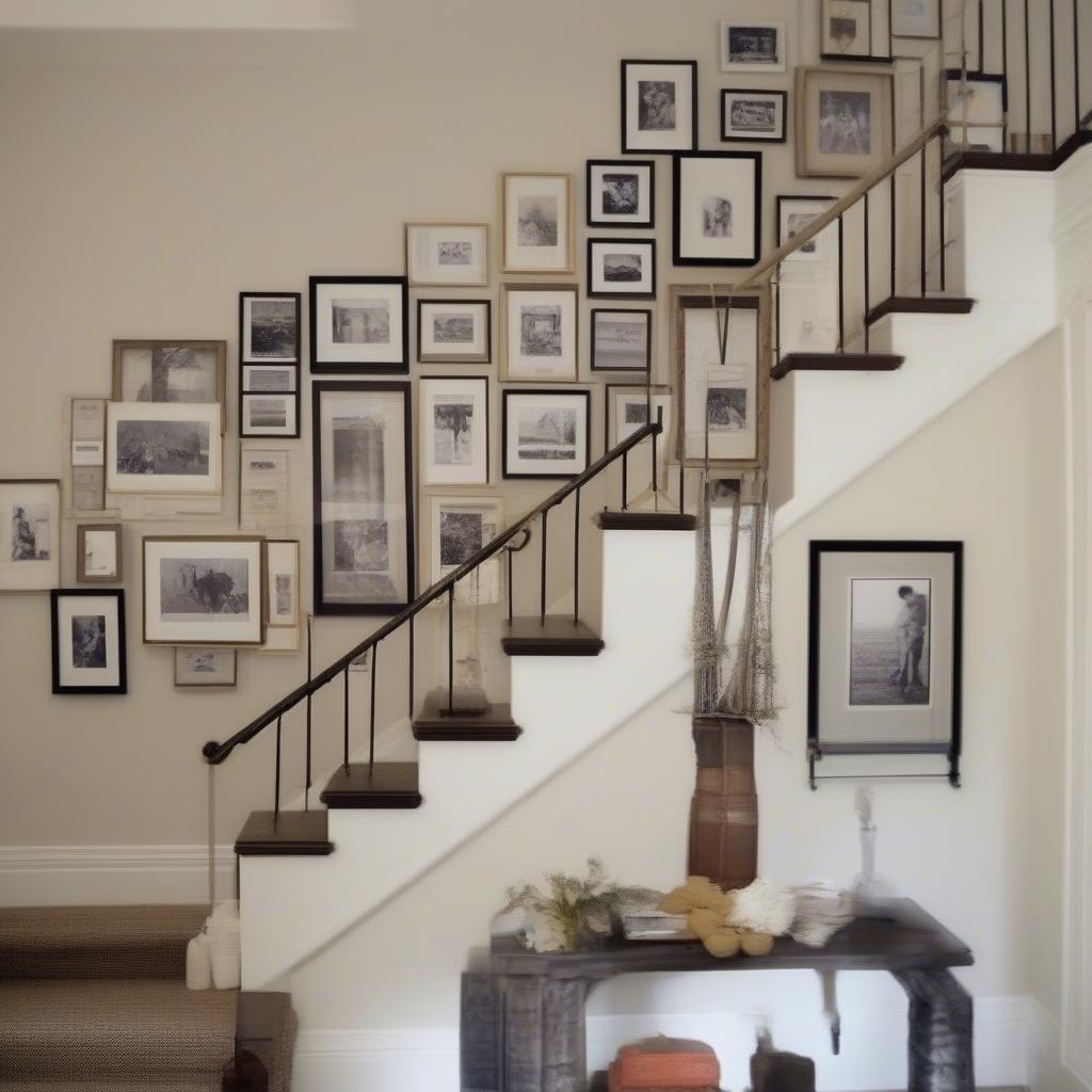 Hanging Pictures on a Rope in a Stairwell