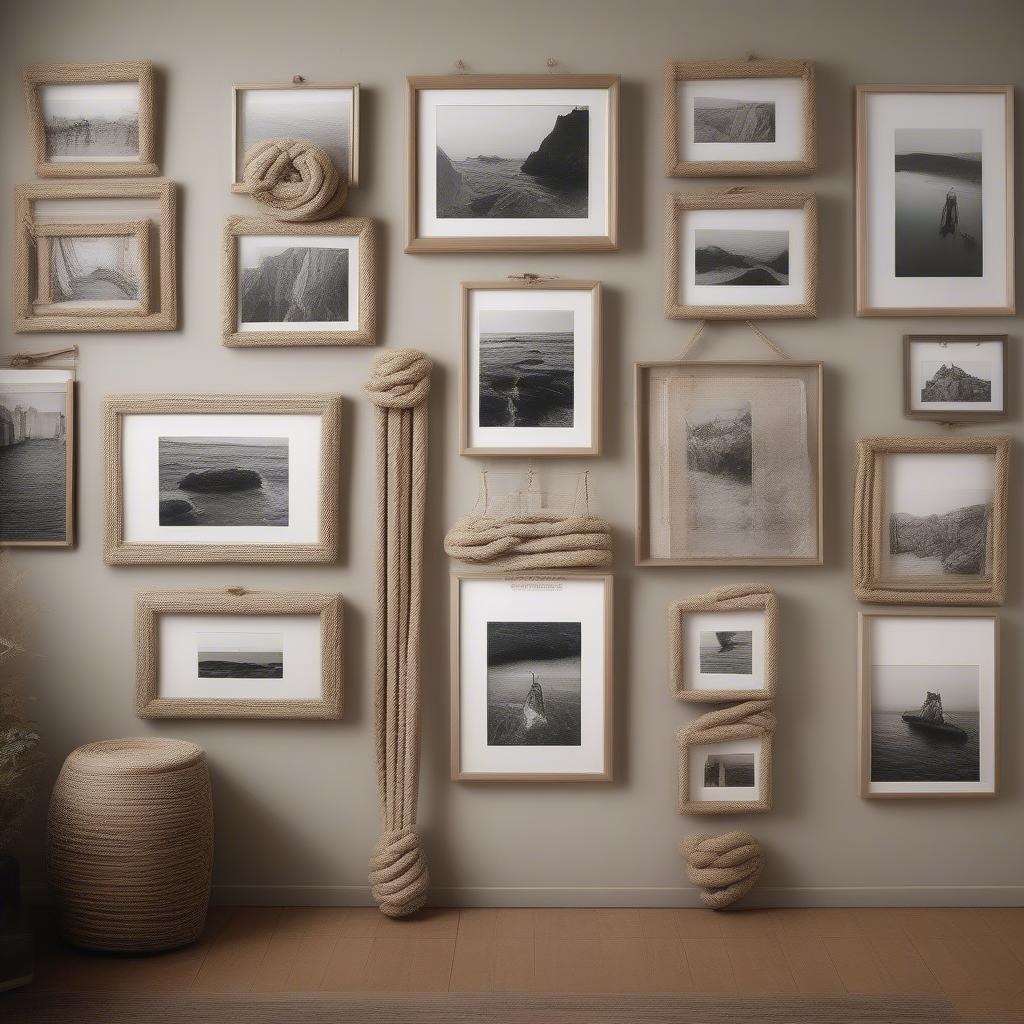 Pictures hanging neatly on a wall using rope.