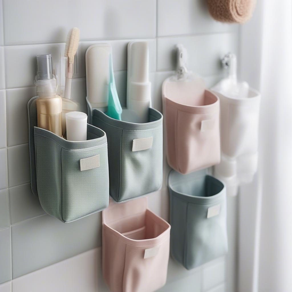 Hanging storage pockets neatly organizing toiletries and accessories in a bathroom