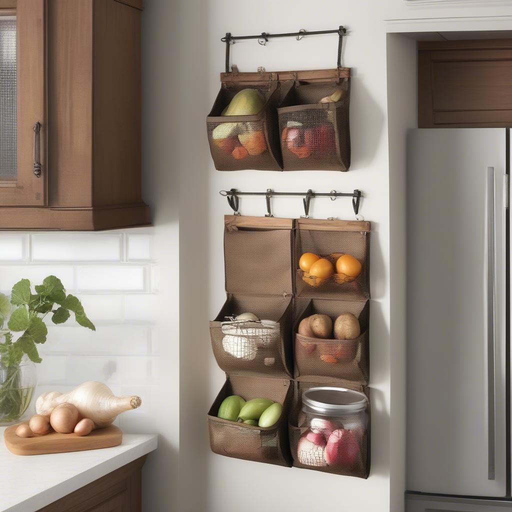 Hanging storage pockets holding fruits and vegetables in a kitchen