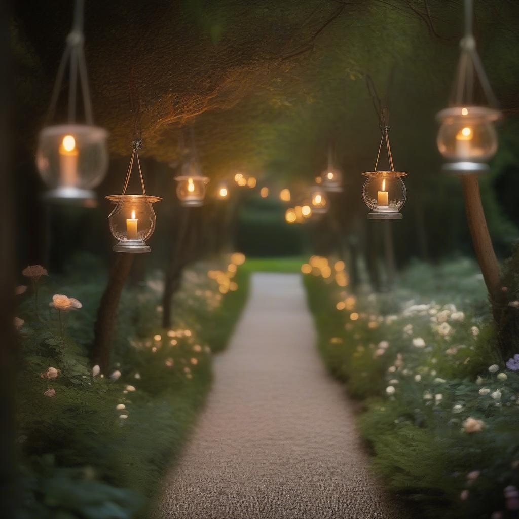 Hanging tea candle holders illuminate a garden path, creating a magical atmosphere for outdoor entertaining.