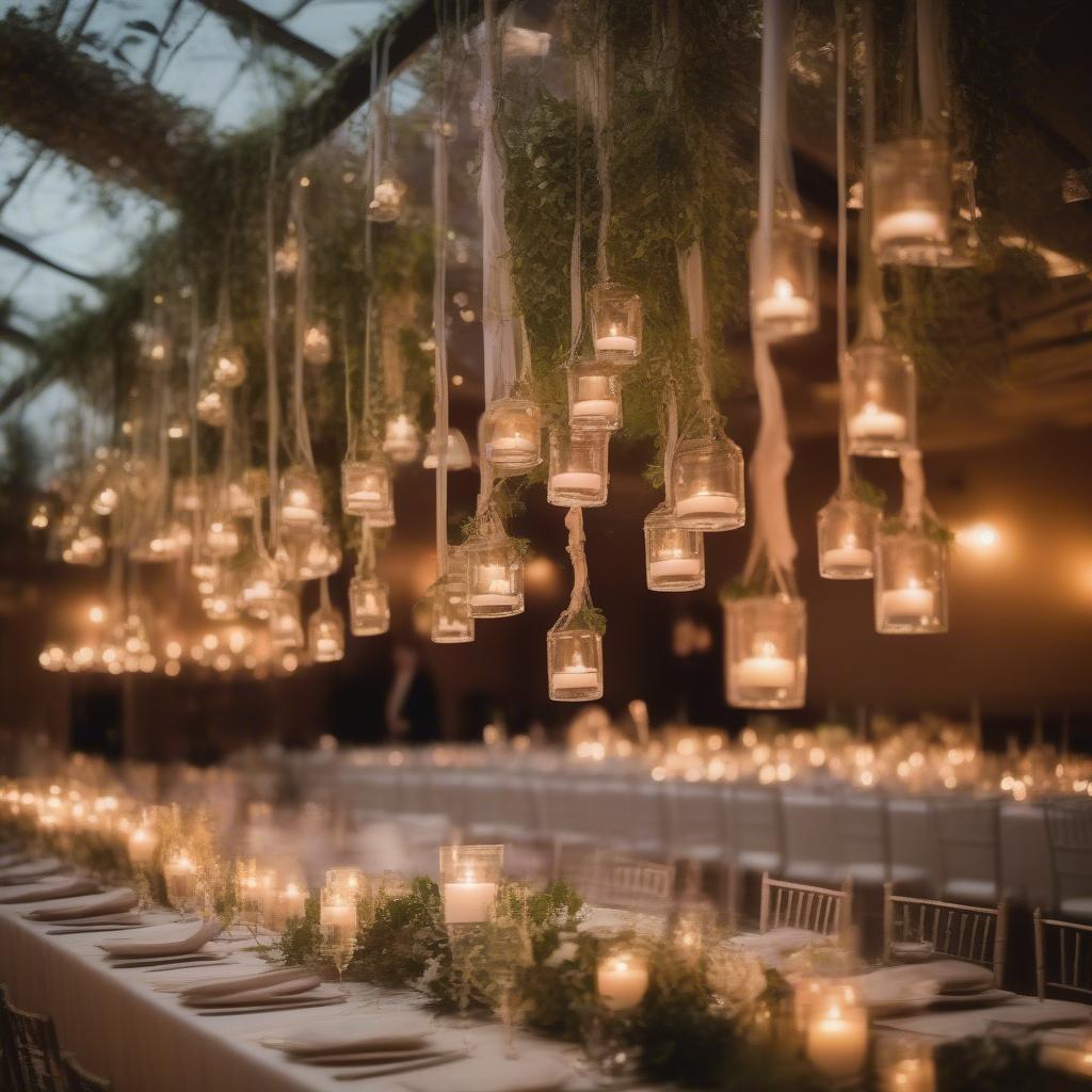 Hanging tea candle holders add a romantic touch to a wedding reception, creating a magical atmosphere.