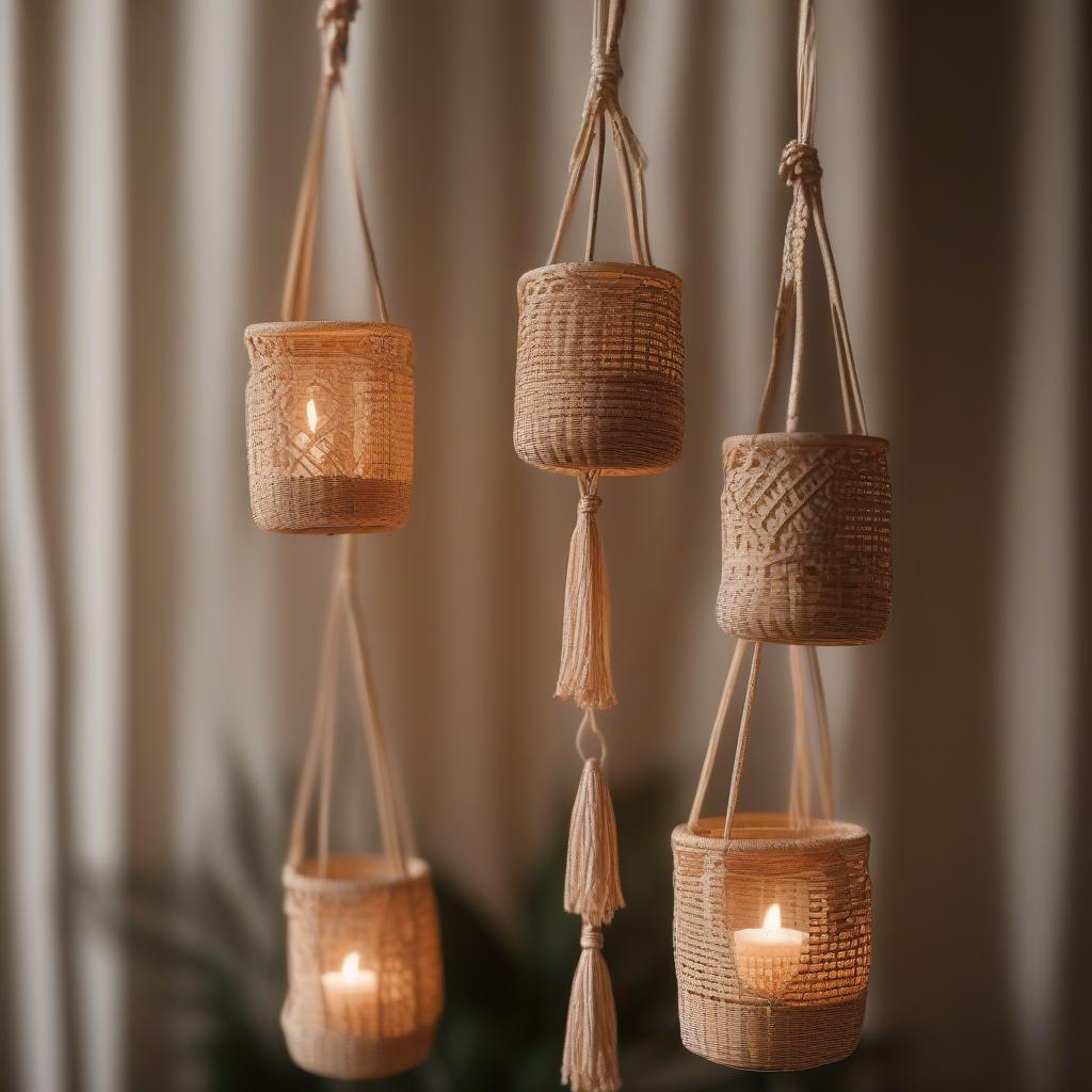 Wicker and rattan hanging tea candle holders create a warm and inviting ambiance, perfect for bohemian and natural home decor.