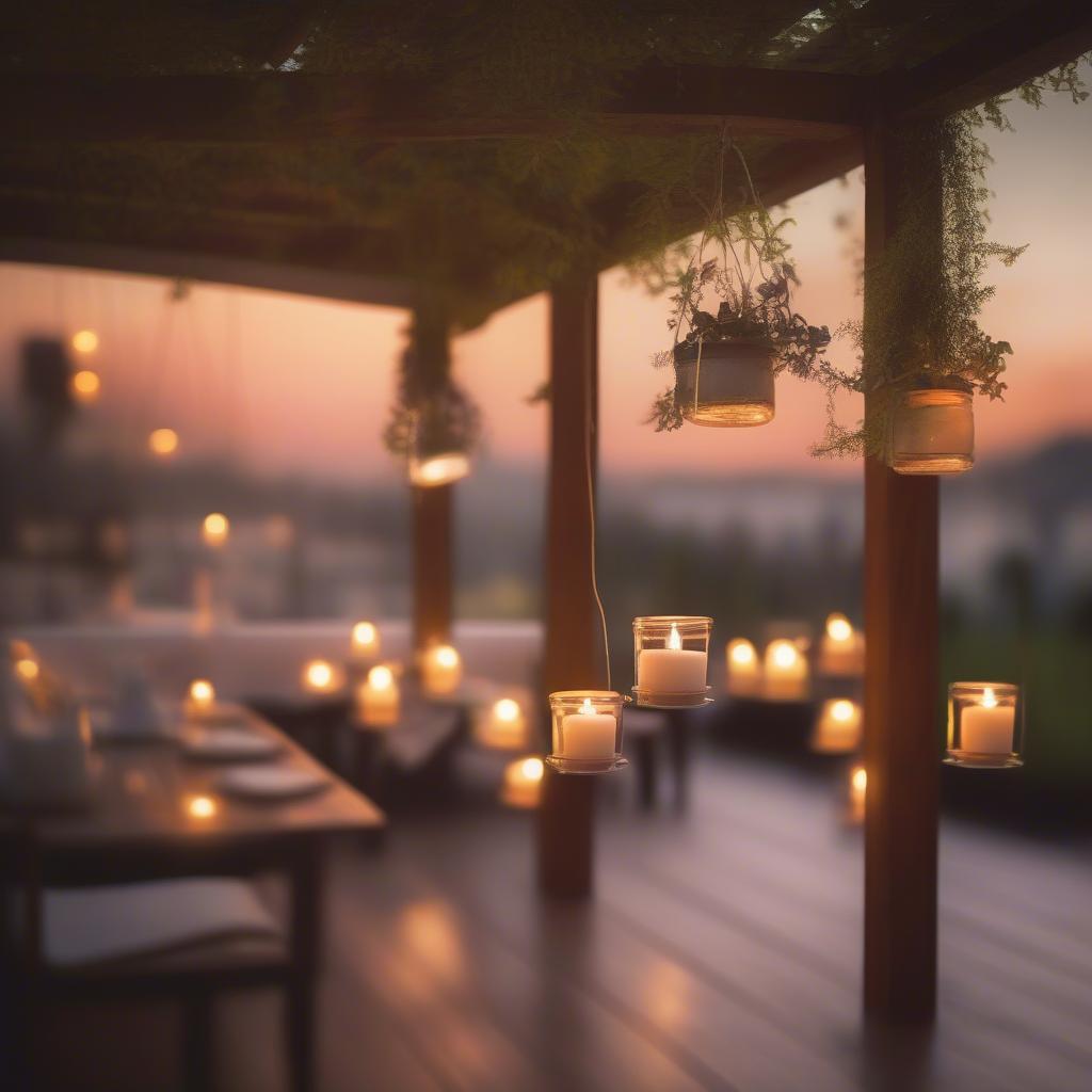 Hanging tea candles in an outdoor setting