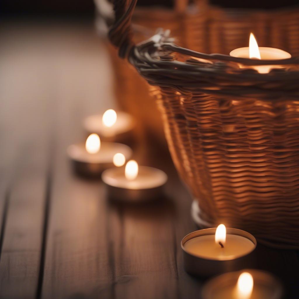 Hanging tea candles in a wicker basket