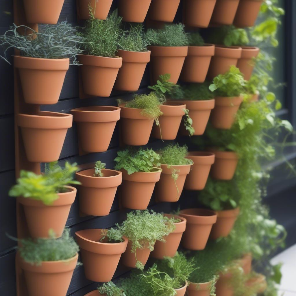 Hanging terracotta pots create a vertical herb garden on a sunny patio.