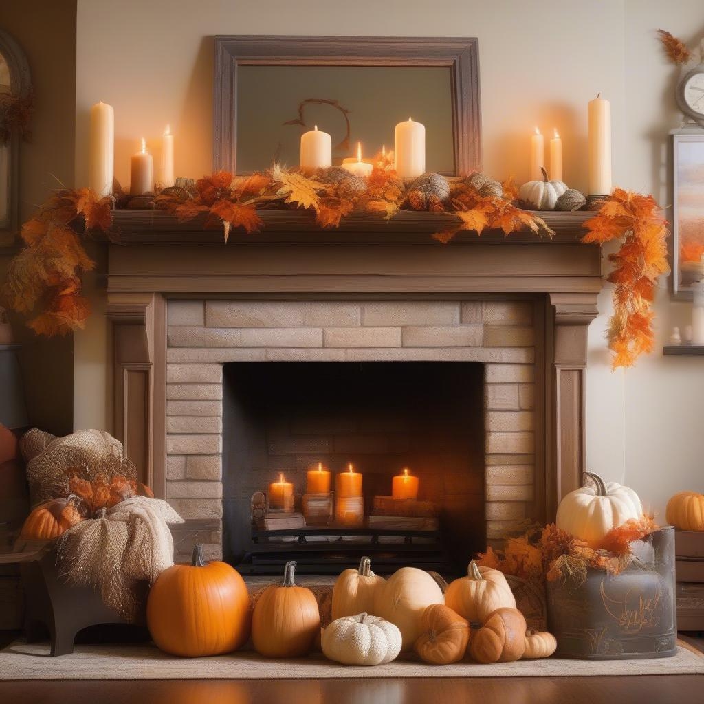 A "Happy Fall Y'all" sign displayed on a living room mantelpiece decorated for fall.