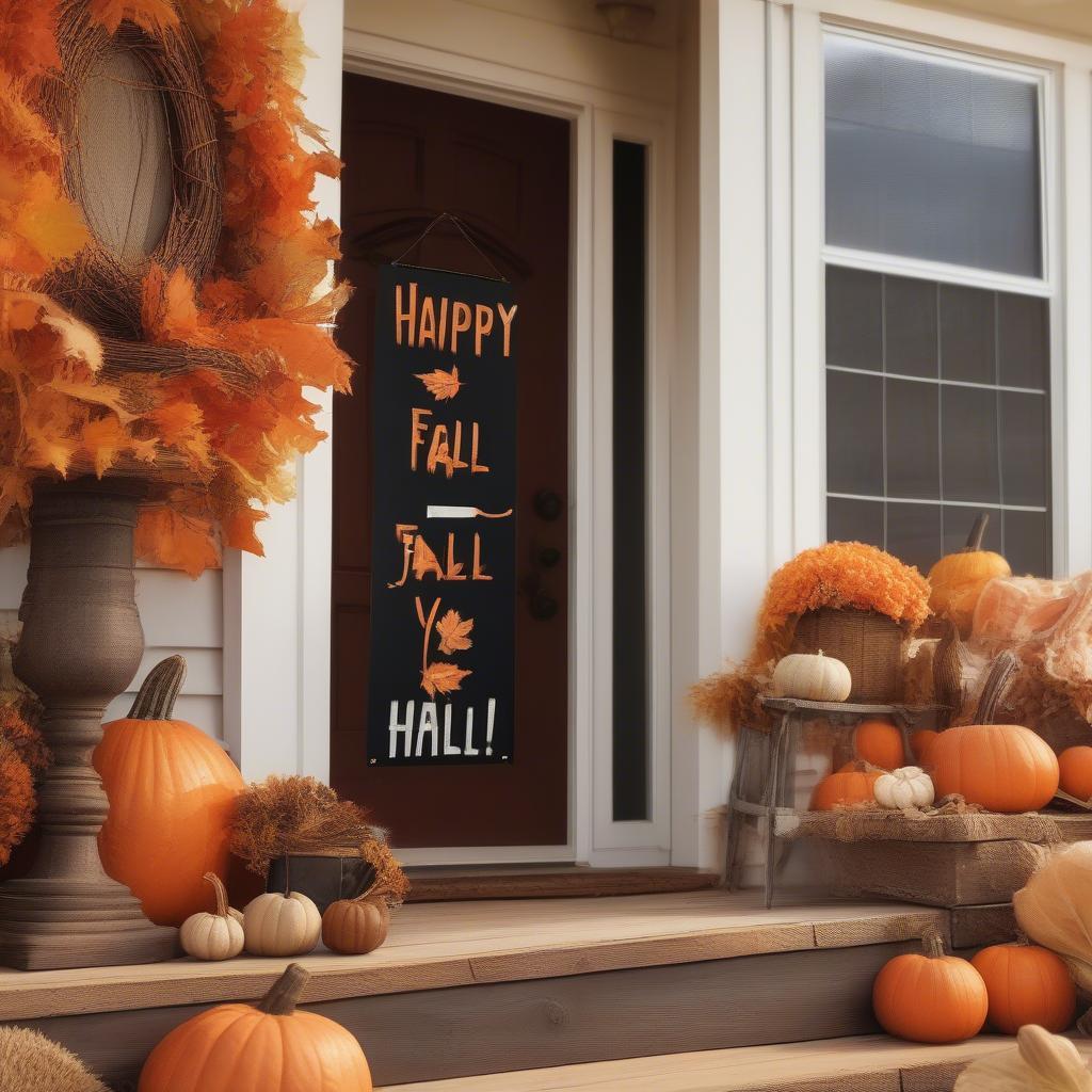 Rustic wooden "Happy Fall Y'all" sign hanging on a porch adorned with pumpkins and fall foliage.