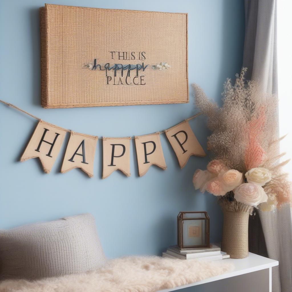 A wicker "This is our happy place" sign hanging in a cozy living room