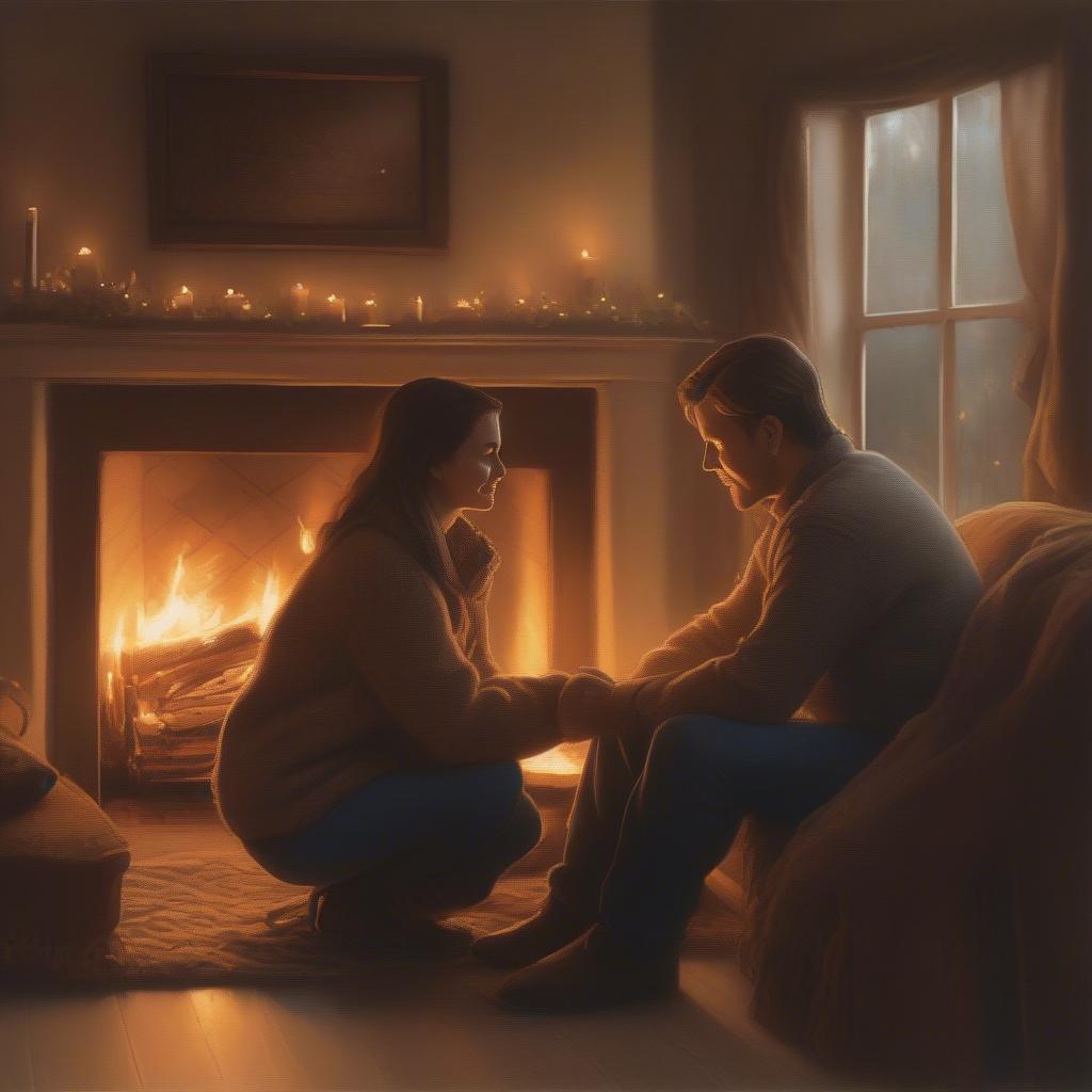 Couple Cozy by the Fireplace - He Feels Like Home