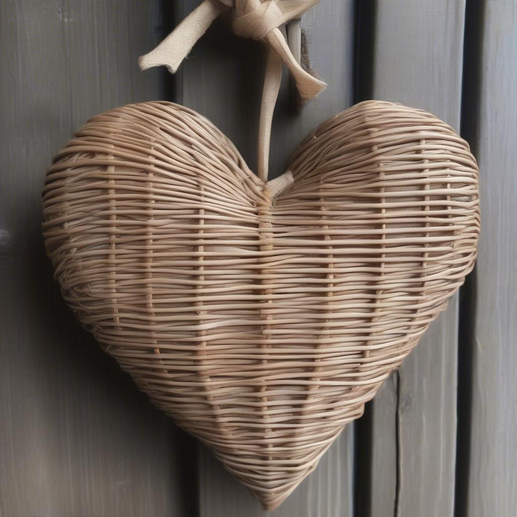 Wicker heart on a hanger hanging on a door