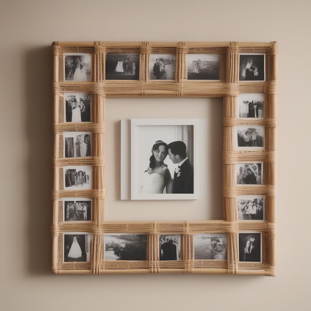 Heart-shaped rattan collage frame filled with black and white wedding photos.