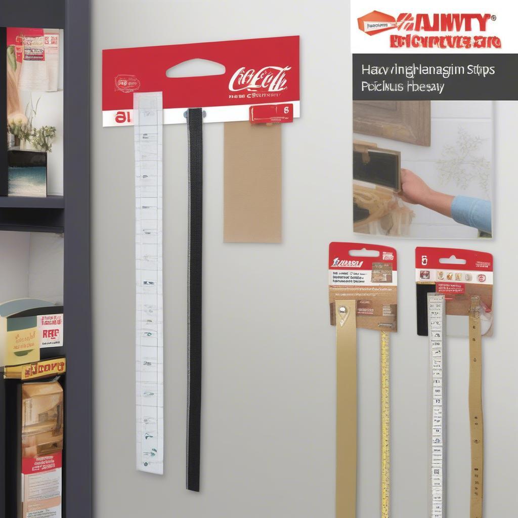 Different types of heavy-duty picture hanging strips on display.