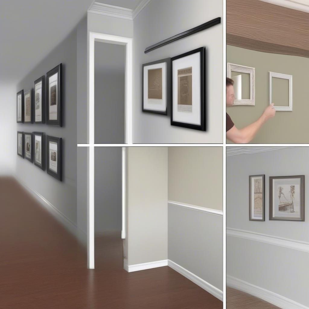 Examples of using heavy duty picture hanging strips on various wall surfaces like smooth, textured, and brick.