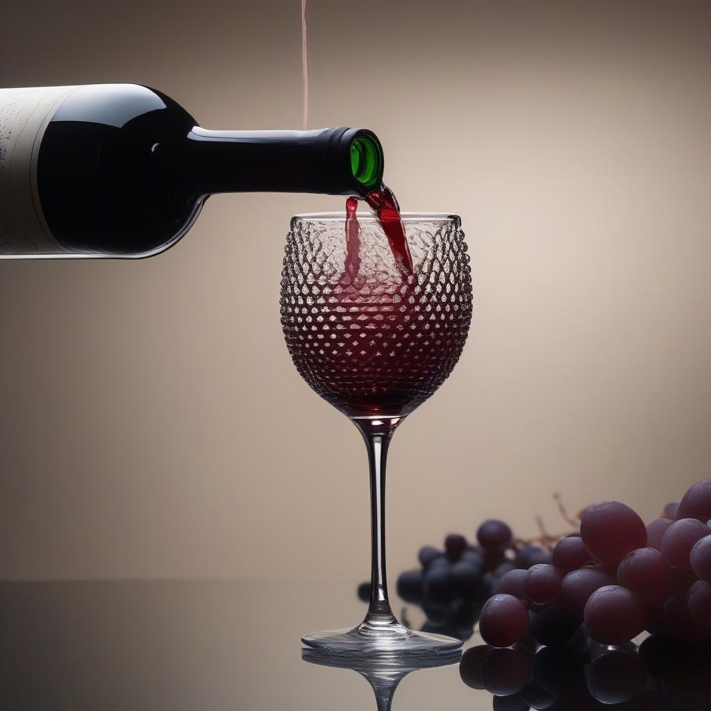 Pouring red wine from a hobnail decanter into a glass