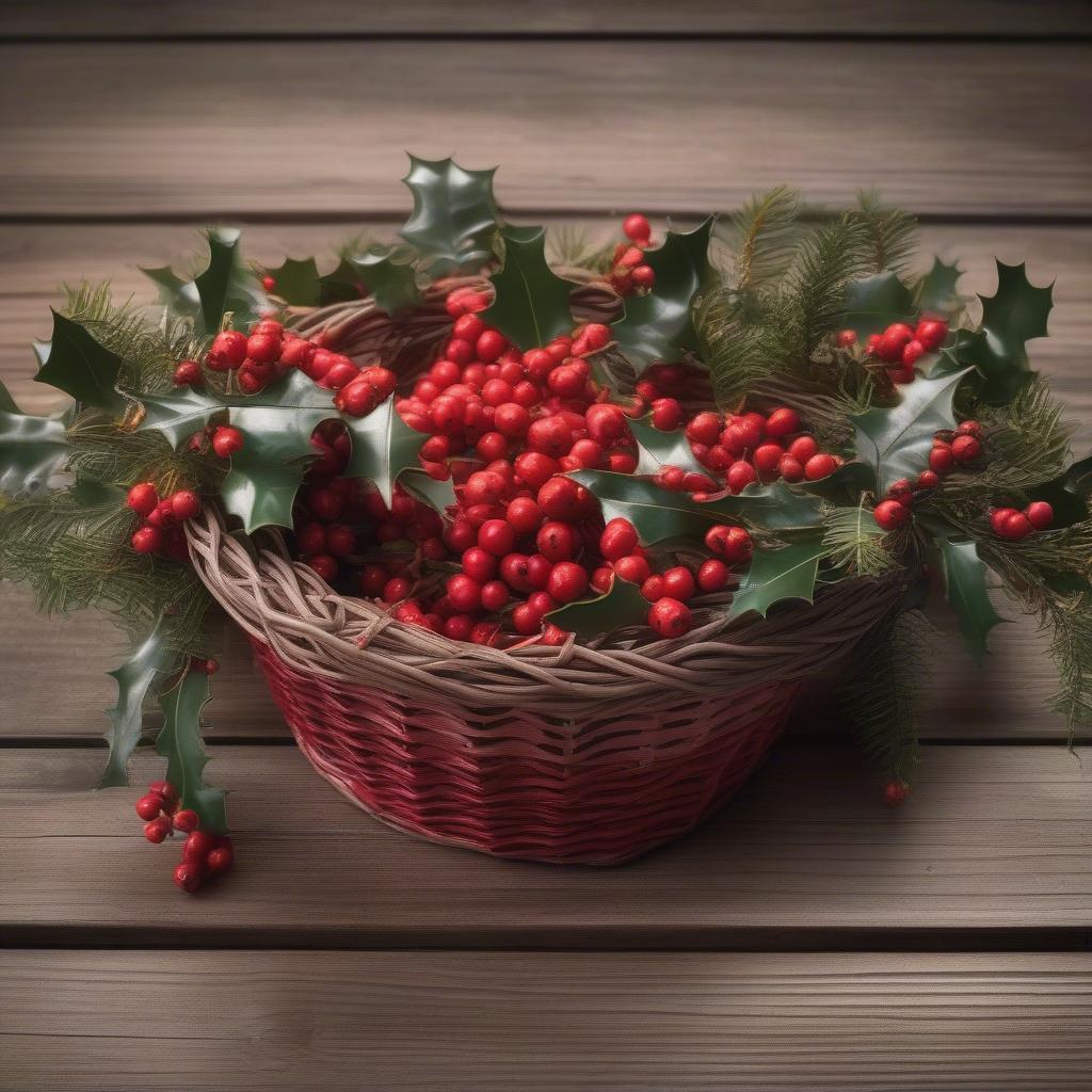 Holly Berries Decorating a Wicker Basket