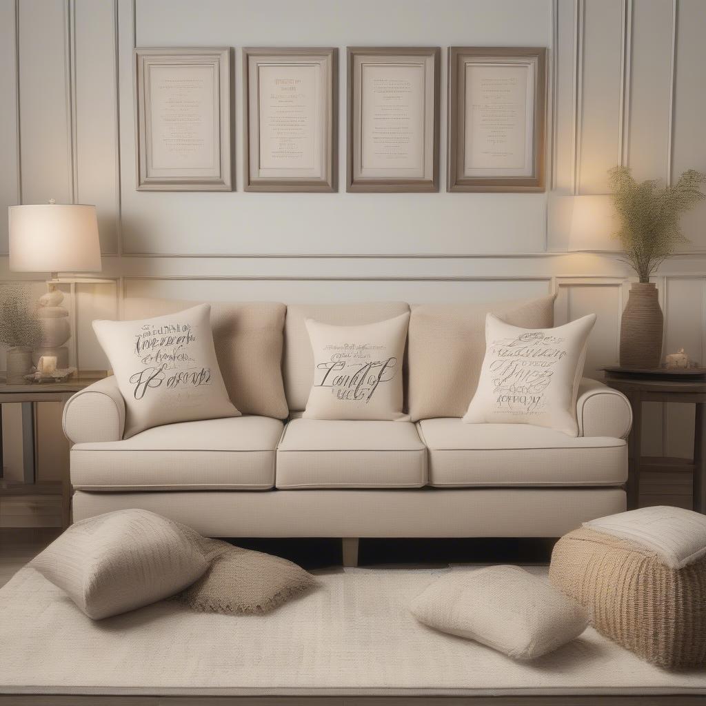 Decorative pillows with cursive lettering, adding a touch of elegance to a living room sofa