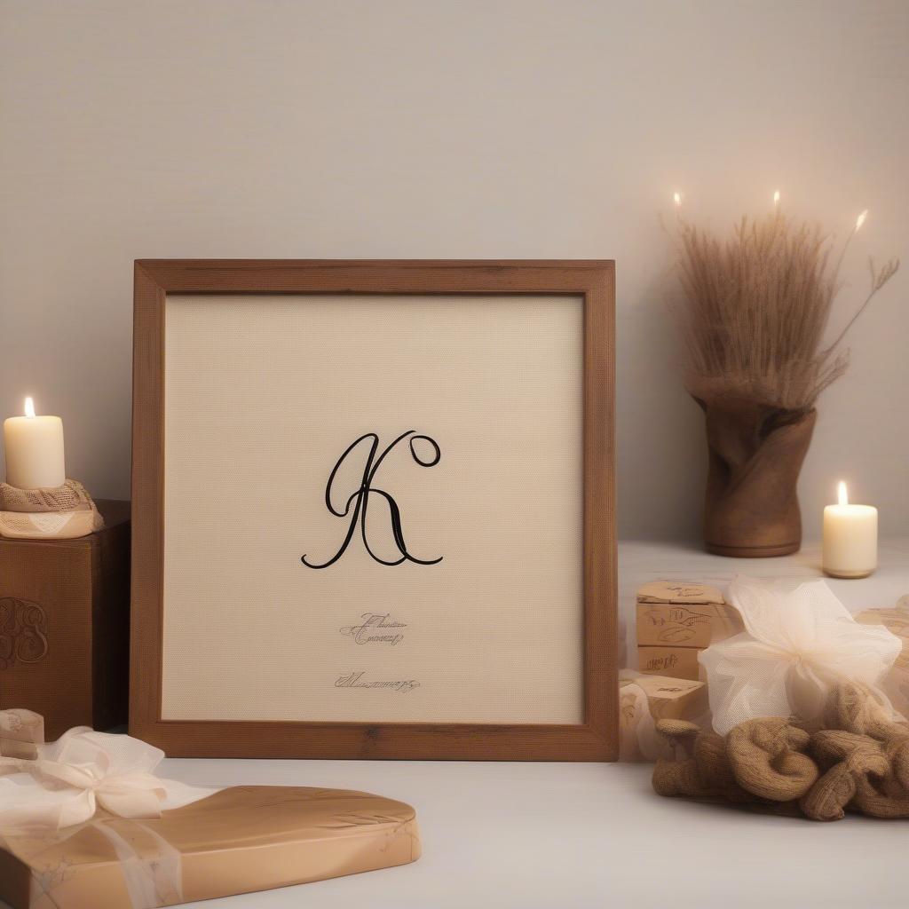 Personalized gifts featuring cursive lettering, including a monogrammed pillow and a framed family name sign