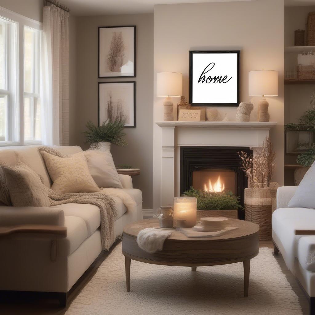 Home cursive wall art displaying the word "Home" in elegant calligraphy above a fireplace