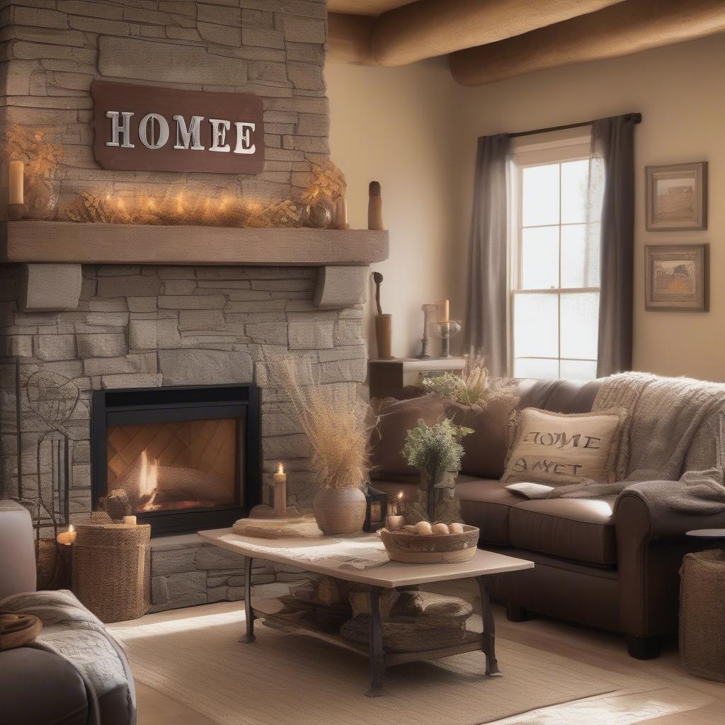 Rustic living room decorated with a "Home Sweet Home" metal sign above a fireplace mantel.