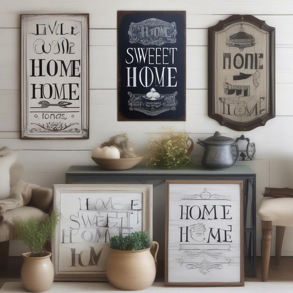 Different variations and designs of "Home Sweet Home" metal signs.