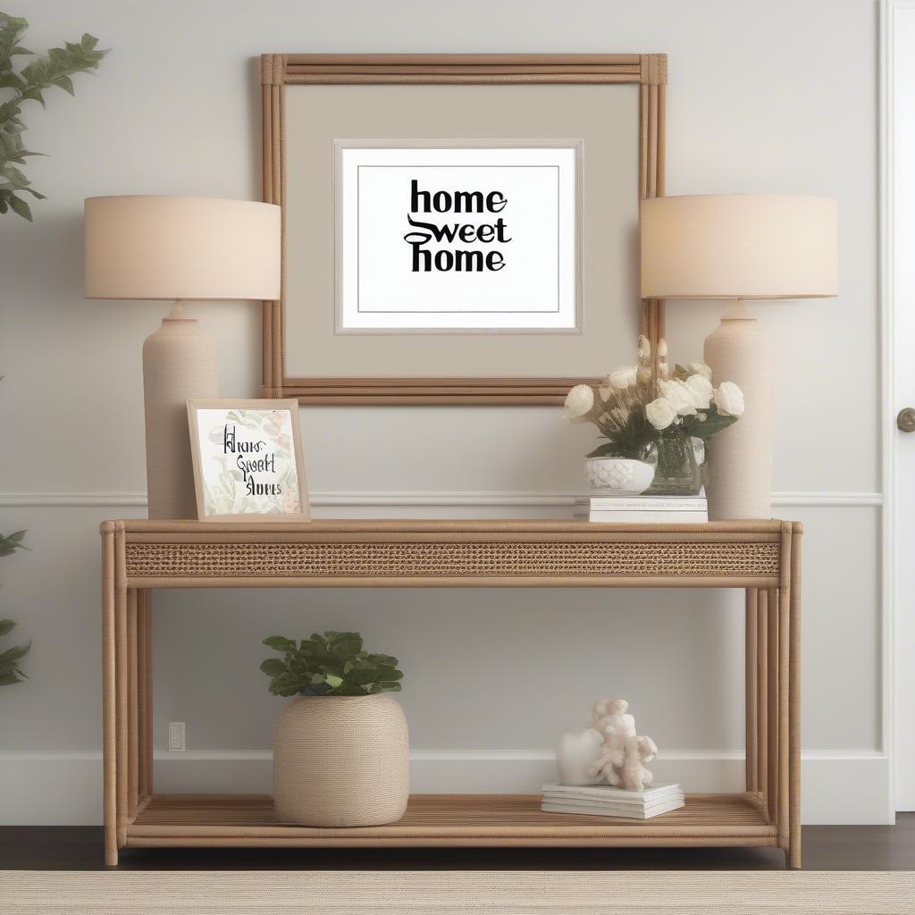 A "Home Sweet Home" rattan frame hanging in an entryway.