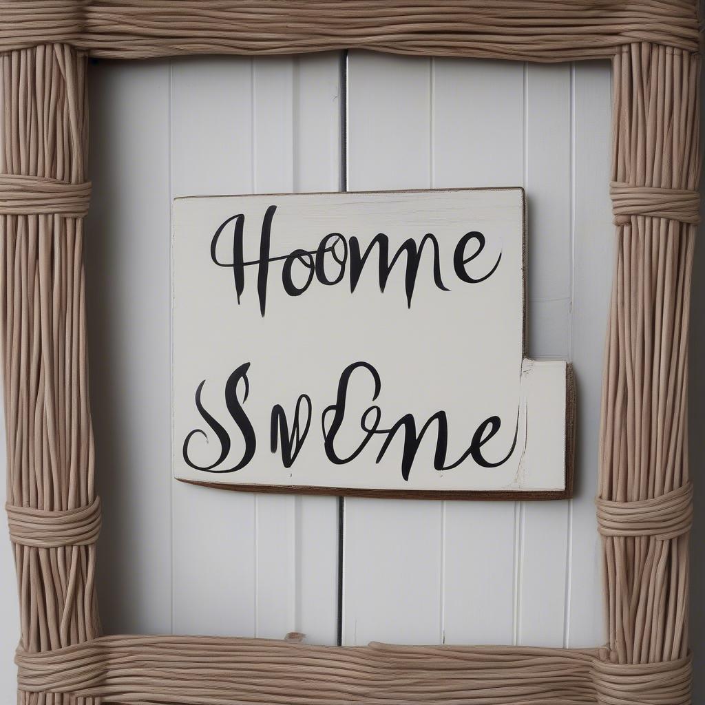 A rustic wicker sign with "Home Sweet Home" painted on it.