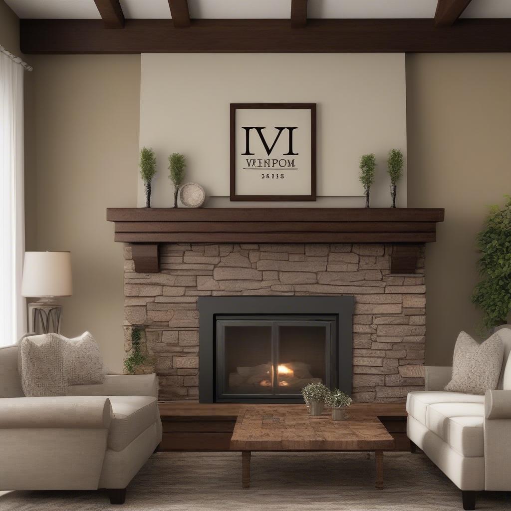 A beautiful home wooden sign hanging above a fireplace in a cozy living room