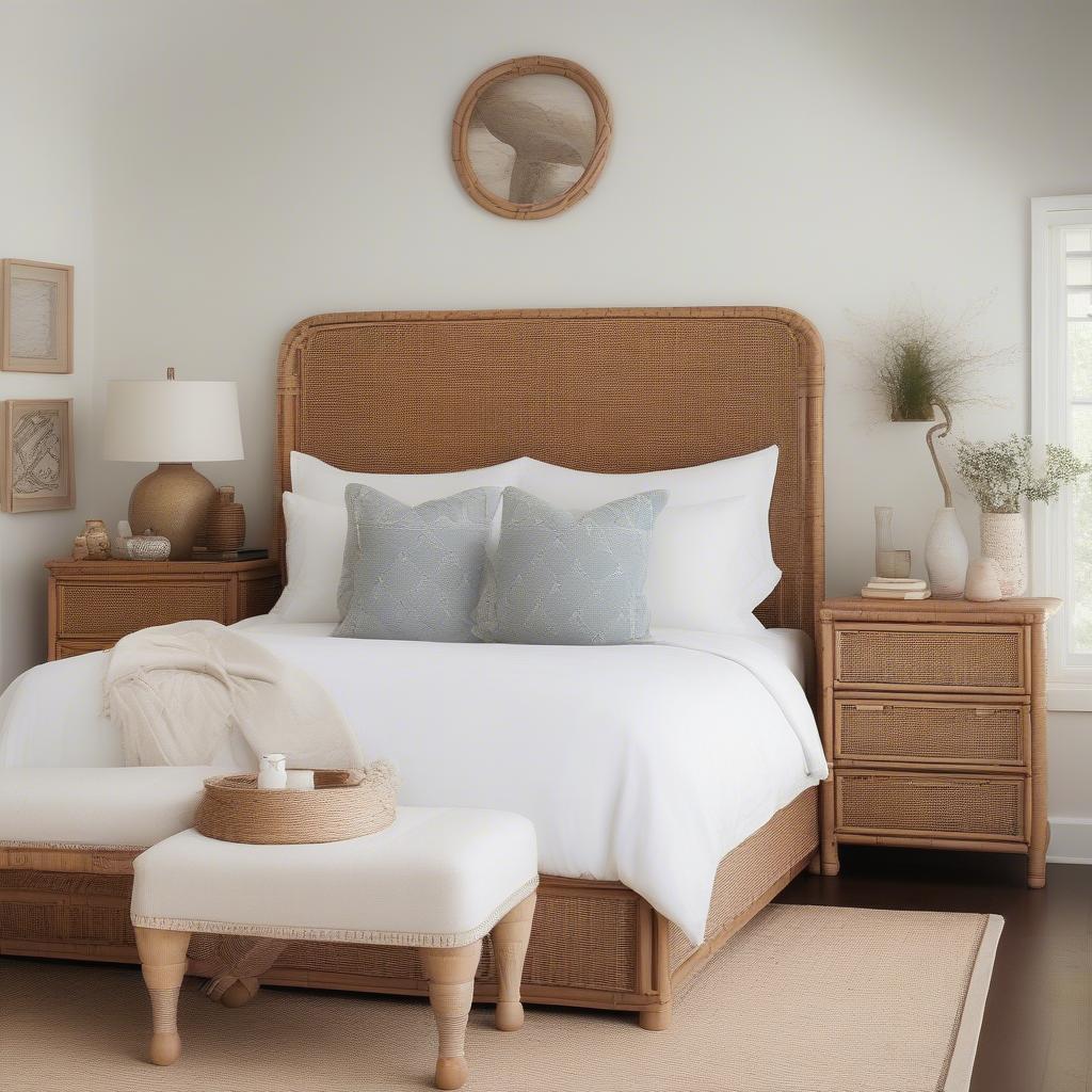 Homewood furniture in a bedroom setting, showcasing a rattan headboard, wicker nightstands, and a woven rug.