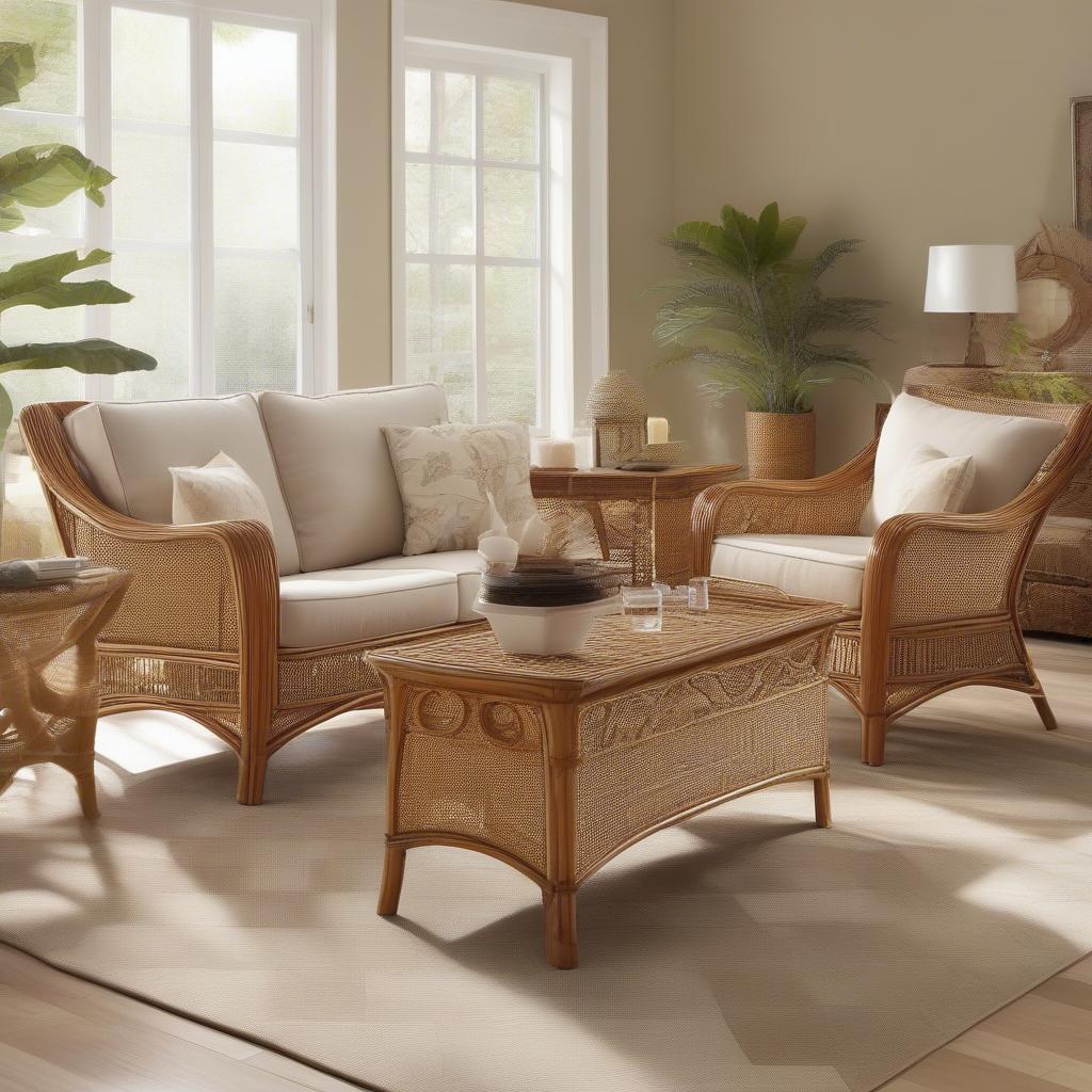 Homewood furniture in a living room setting, showcasing a wicker sofa, rattan coffee table, and accent chairs.