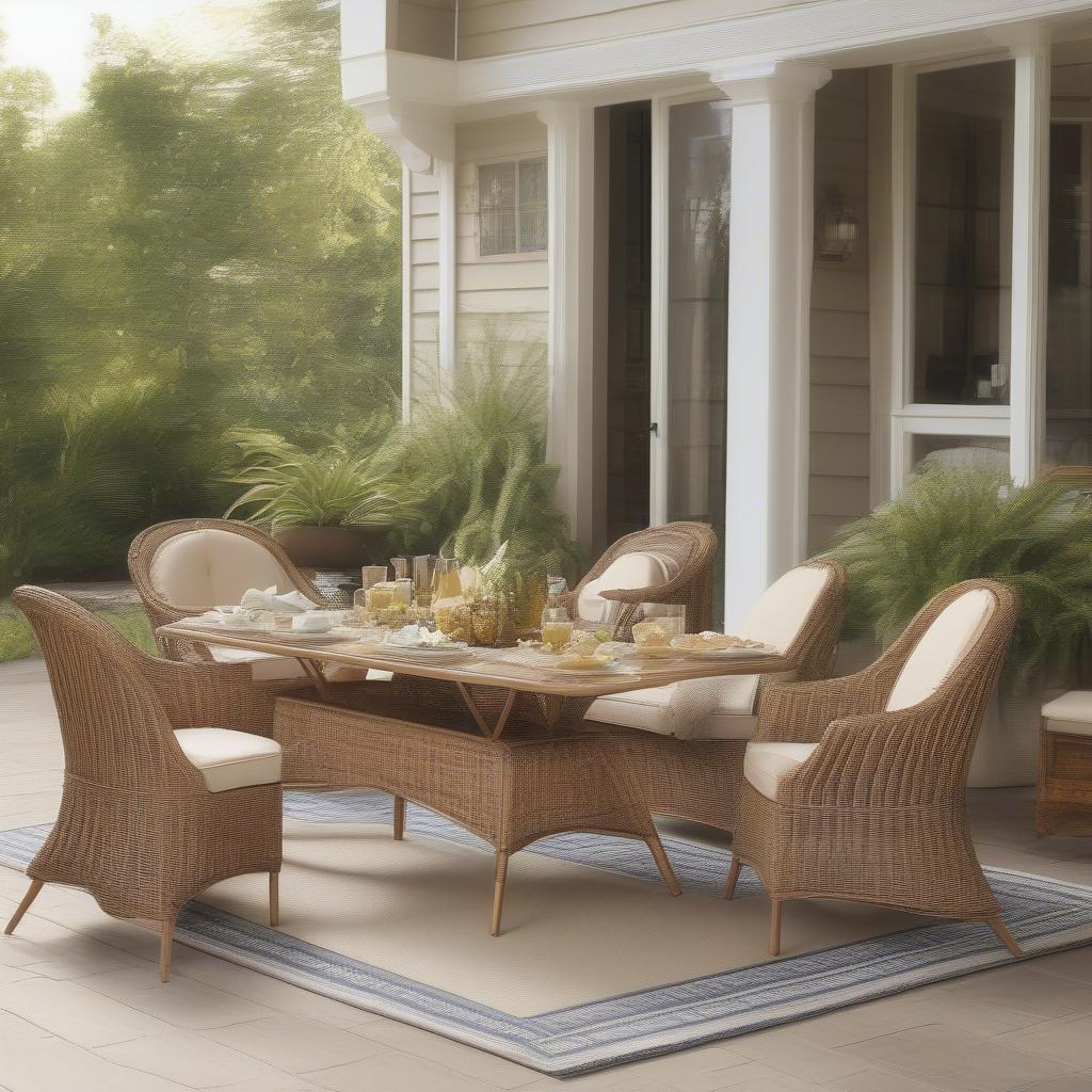 Homewood furniture on a patio, showcasing a rattan dining set, wicker lounge chairs, and a woven outdoor rug.