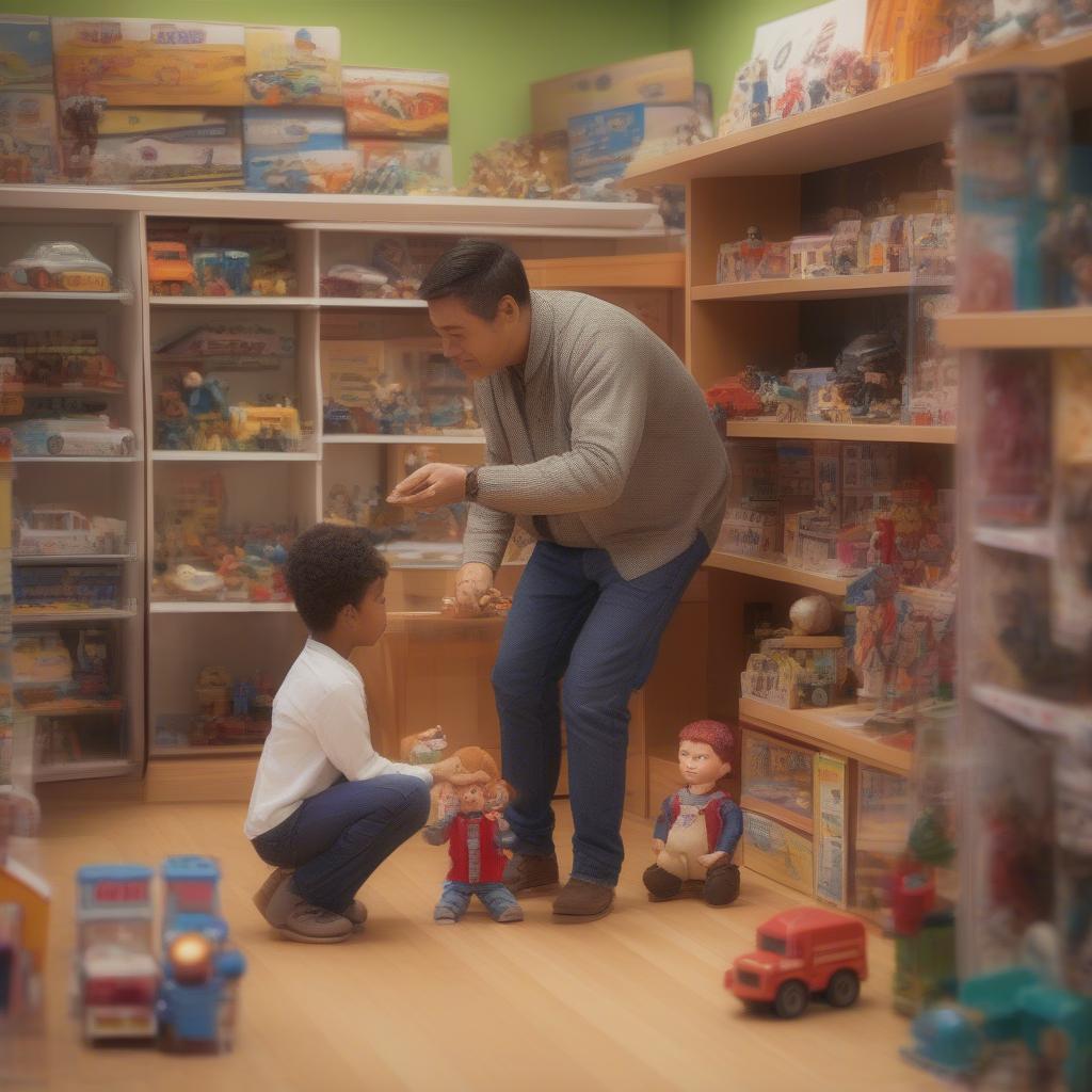 A friendly toy store owner assists a customer in selecting a toy.