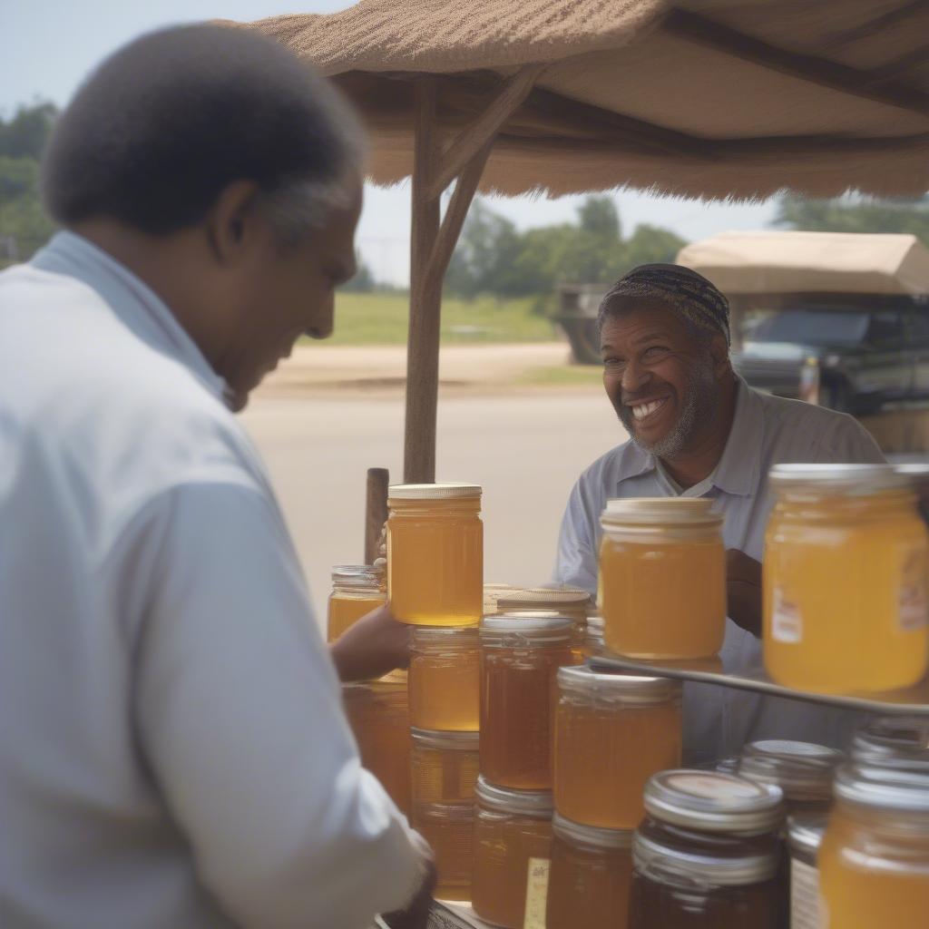 Customer Purchasing Honey at a Roadside Stand