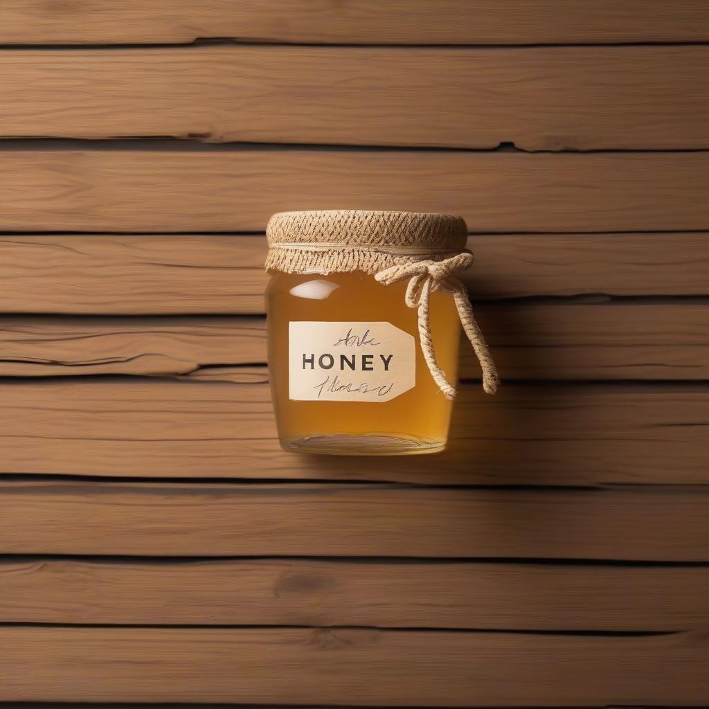 Honey jar with a rustic label on a wicker background