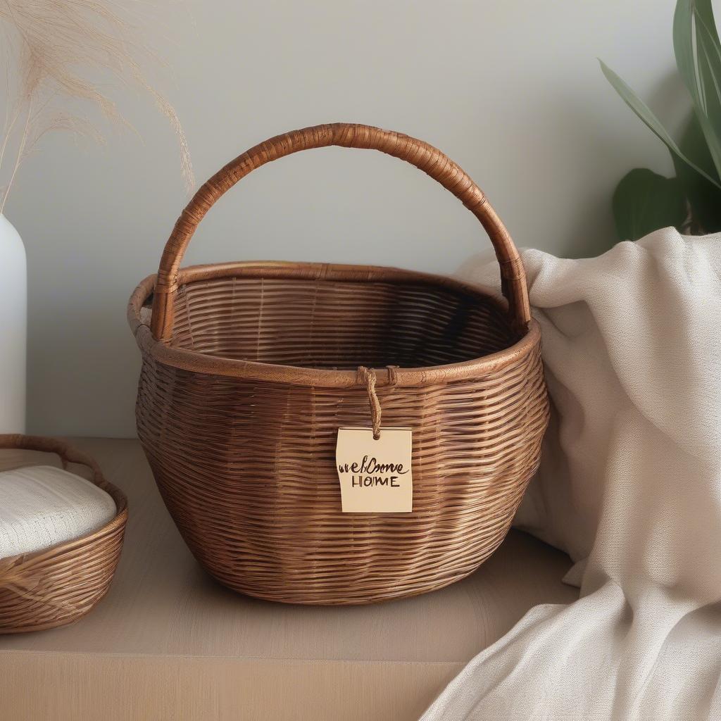 Personalized rattan basket with honey's text decor