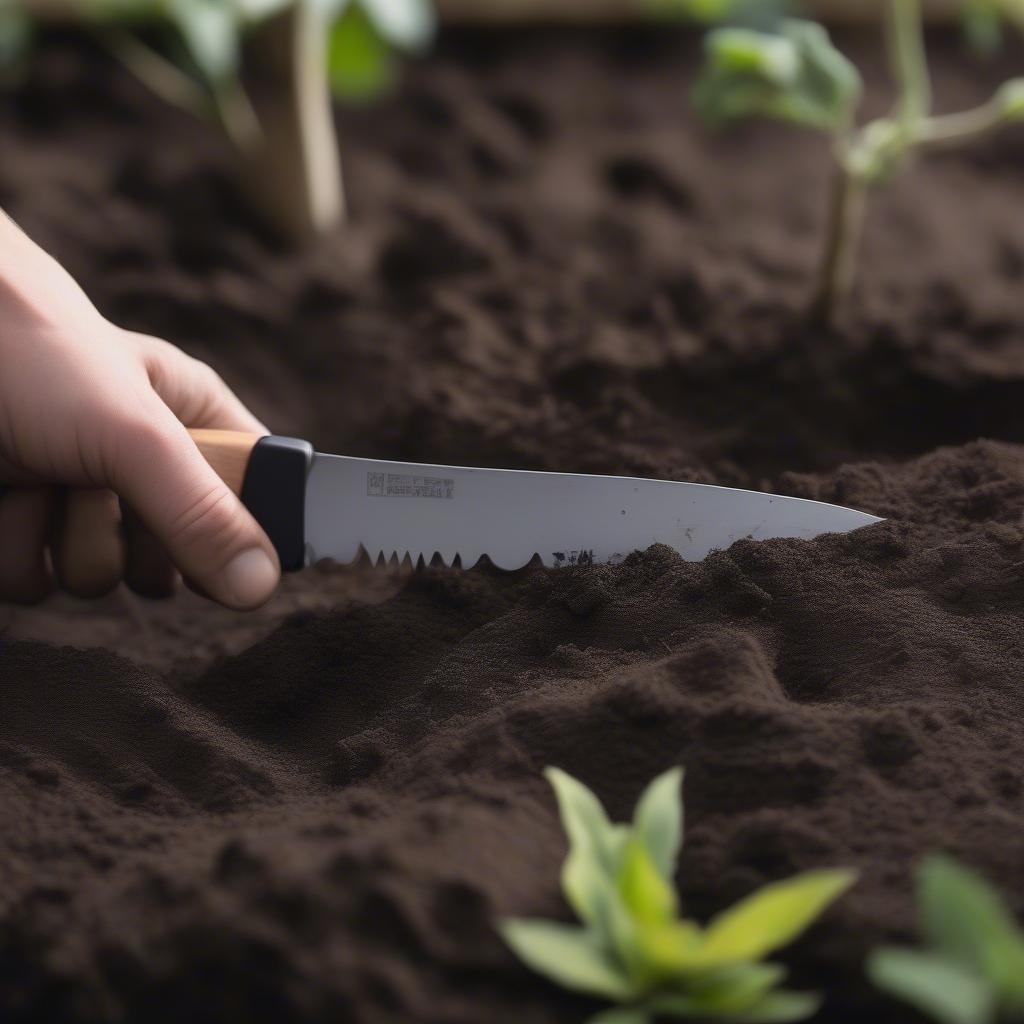 Hori hori knife digging in soil