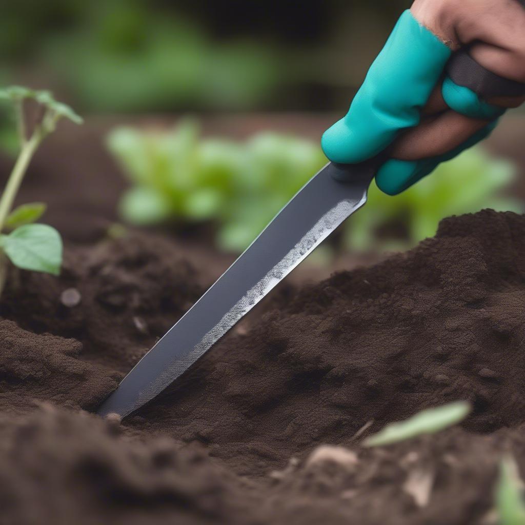 Hori Hori Knife Digging in Garden Soil